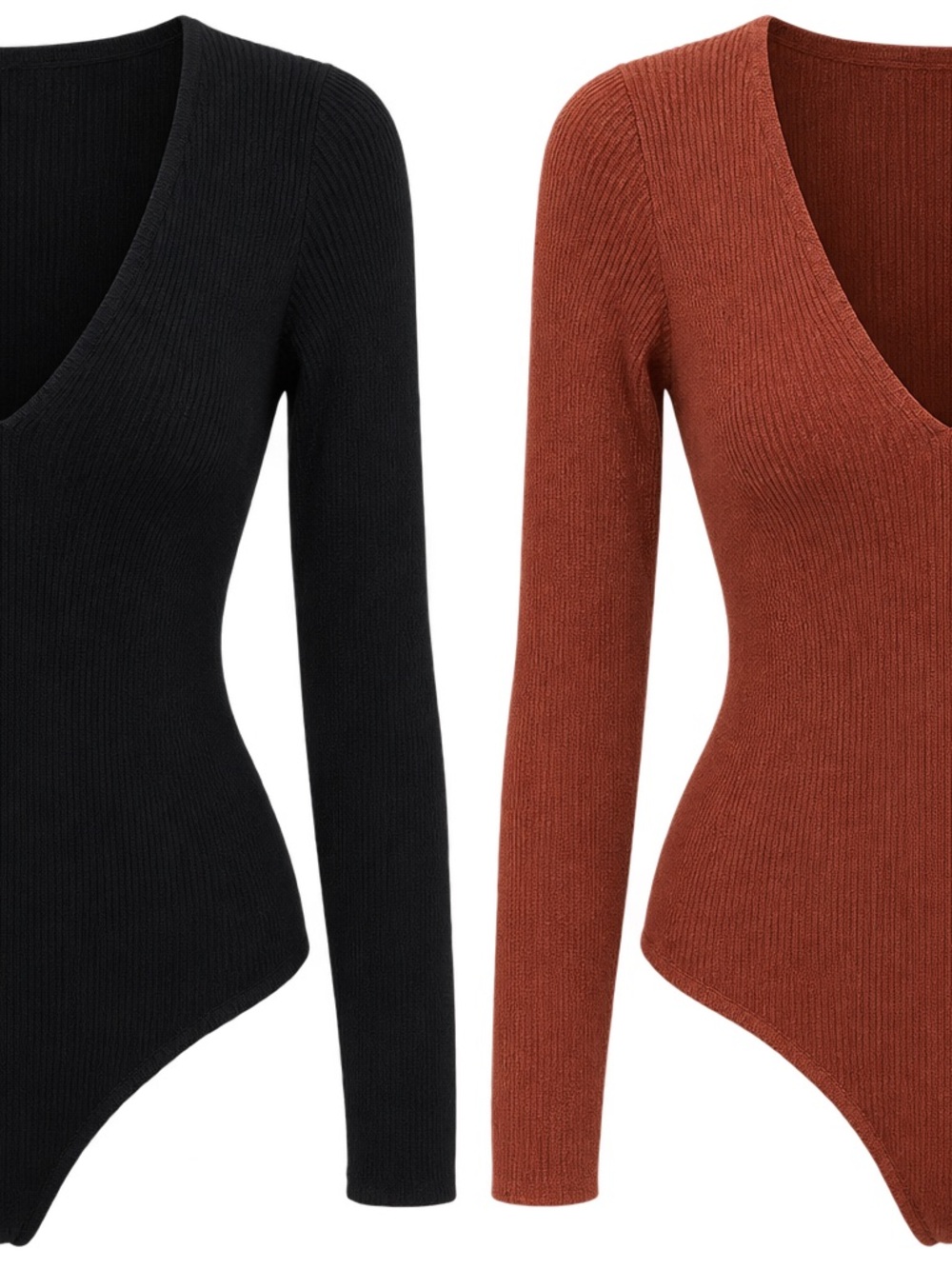 Abercrombie & Fitch Ribbed V-Neck Long Sleeve Bodysuit - Black & Rust
